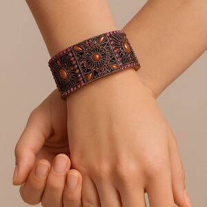 Vintage Filigree Stretch Bracelet Amber Cabochons Pink Rhinestones